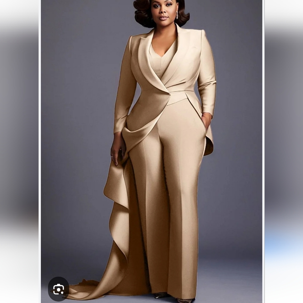 Turndown Collar Long Sleeve Flounce Pockets Two Piece Pant Sets Champagne